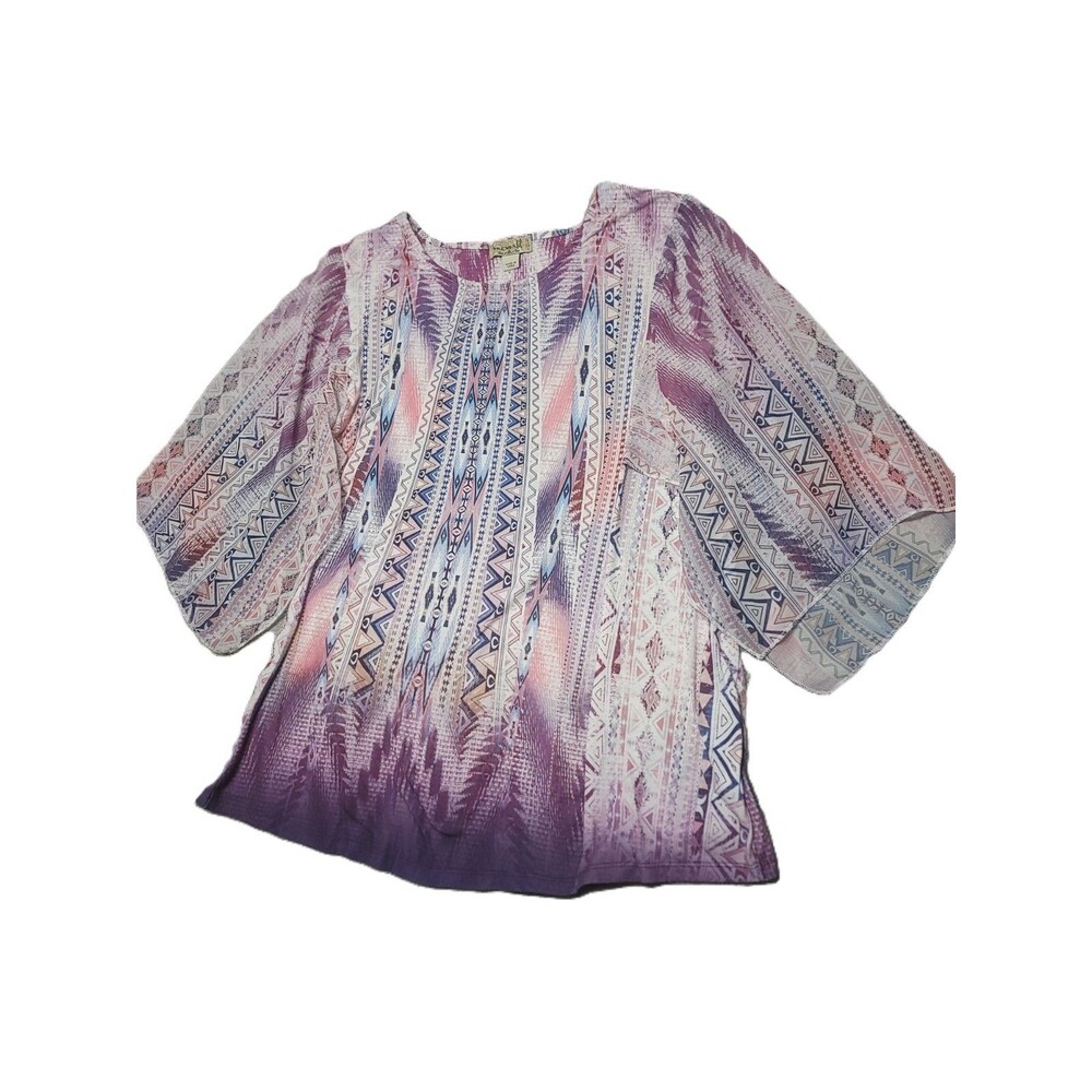 One World Bohemian 3/4 Bell Sleeve Blouse Size S Purple Blue Tunic Top